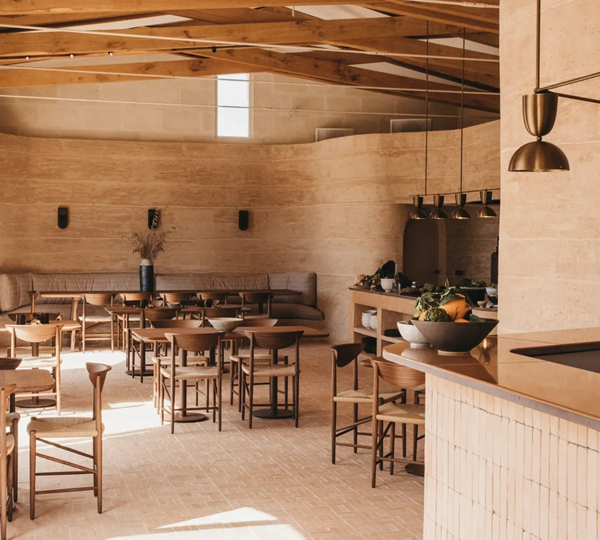 A modern interior with warm lighting